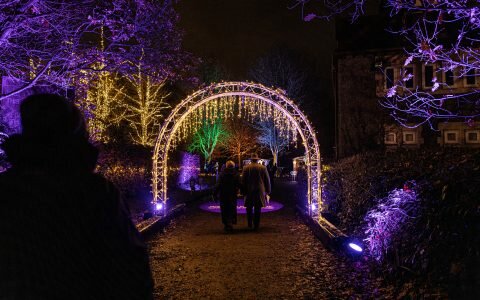 People walking under an archway of light