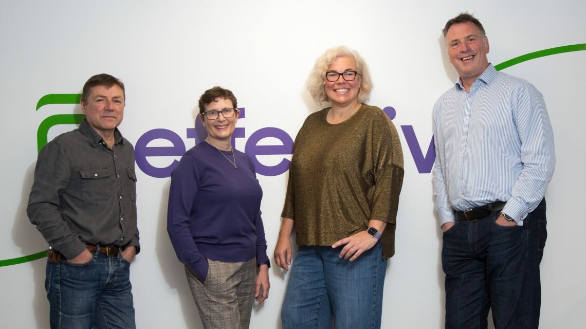 Jon Ireson, Jane Standerwick, Emma del Torto and Dafydd Lloyd standing inside Effective HRM's office
